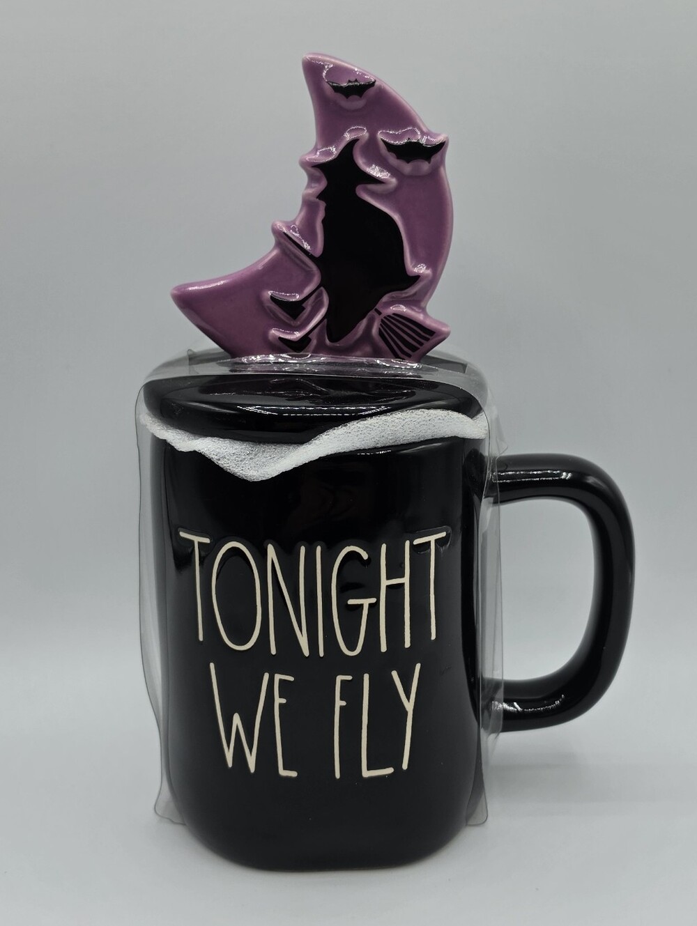 Rae Dunn Witch Tonight We Fly Ceramic Coffee Mug with topper Black Purple
